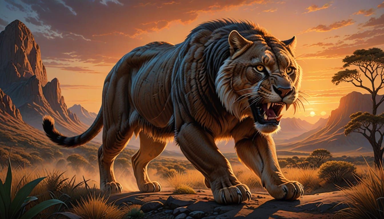 Saber-Toothed Cat in Prehistoric Landscape at Dusk