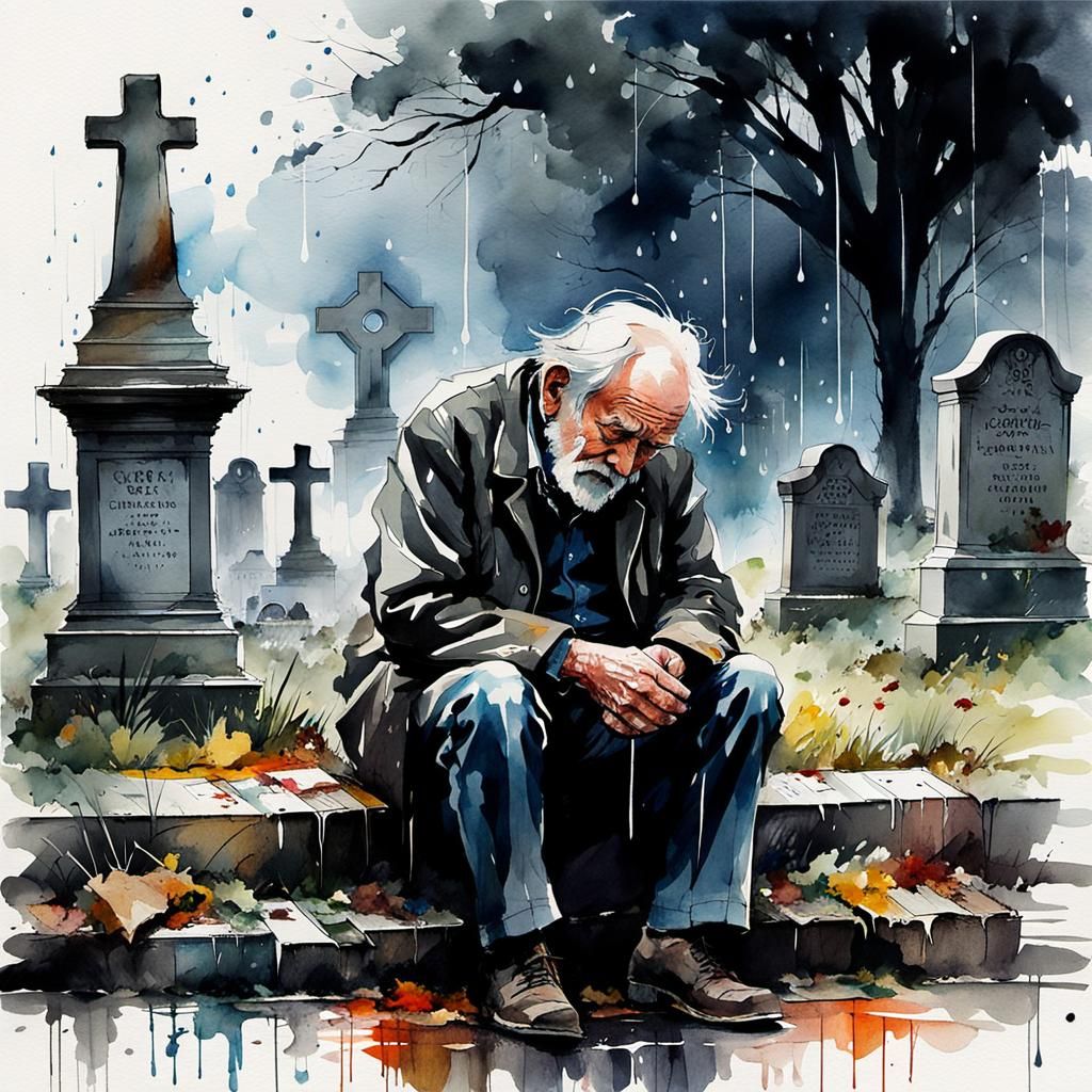 Grief-Stricken Man by Grave in Moody Watercolor