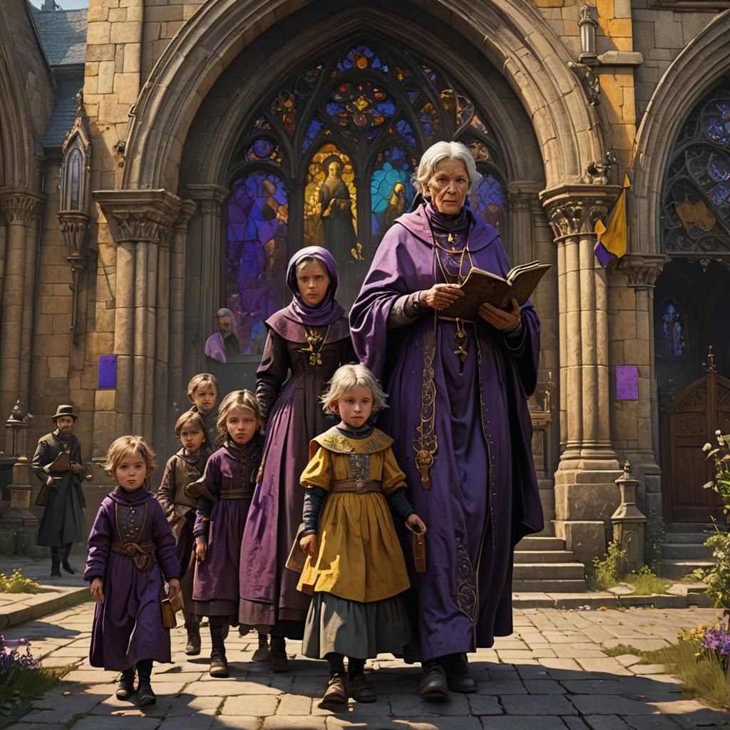 Grandma and Grandkids Going to Church, Dark Fantasy Art