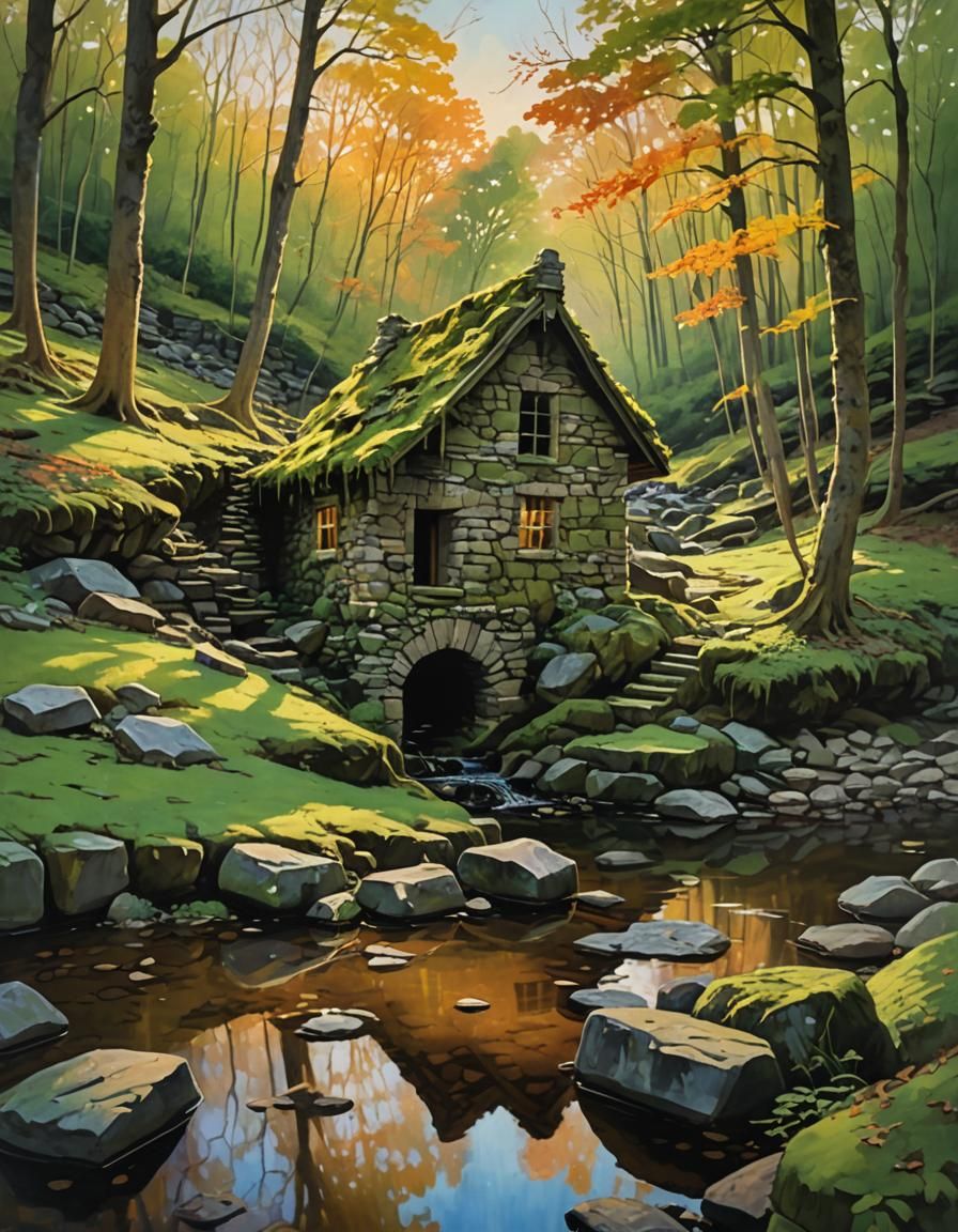 Mossy Springhouse Ruins in Golden Light, Impasto Gouache Sty...