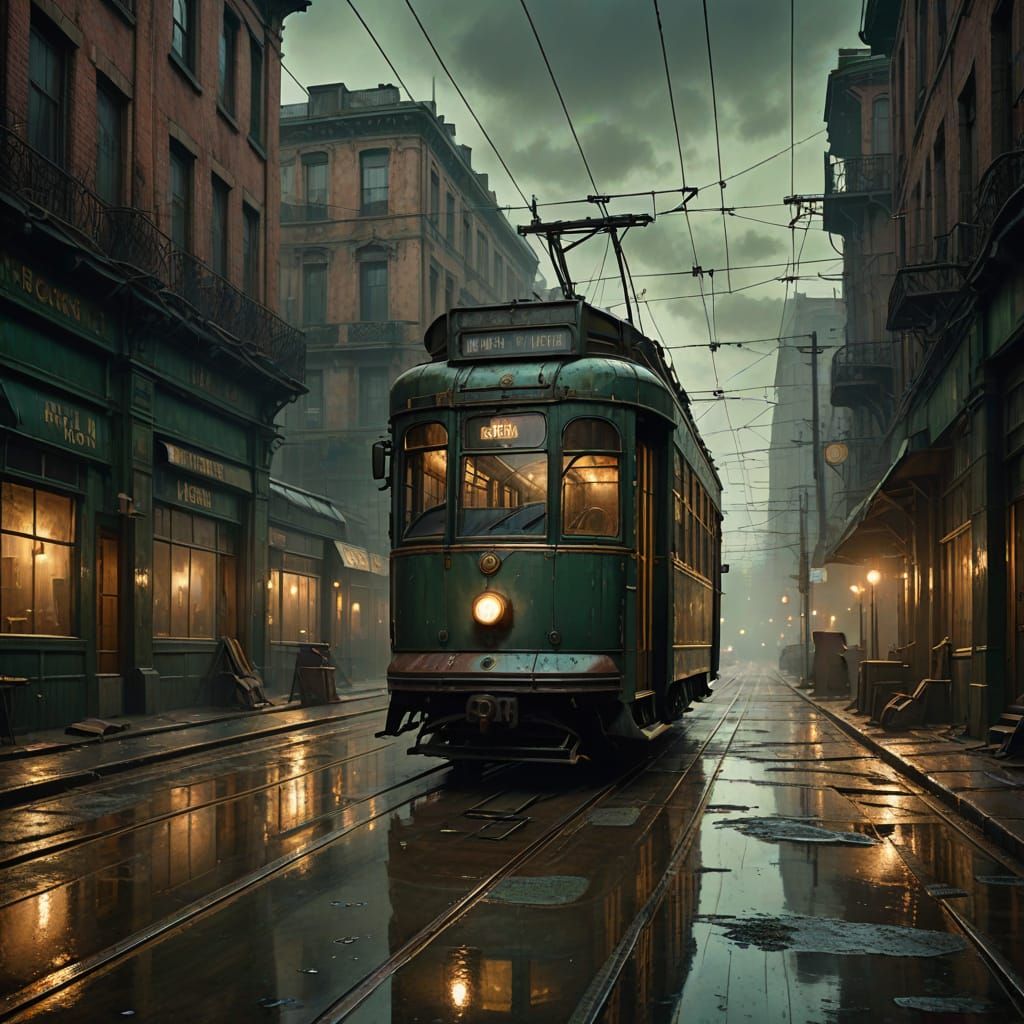 Ethereal Dystopian Tram in Dark Fantasy Style
