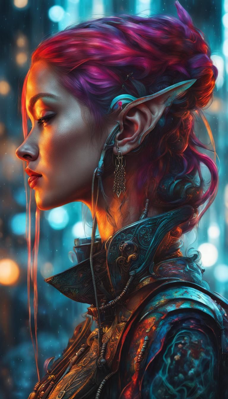 Cyberpunk Elf in Rainy Neon Calcutta