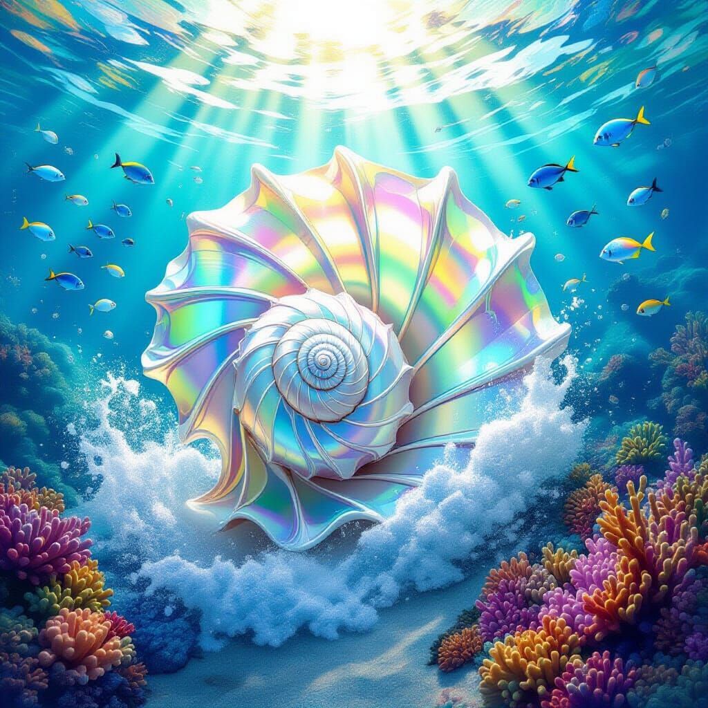 Gigantic Iridescent Seashell with Polynesian Art Colors