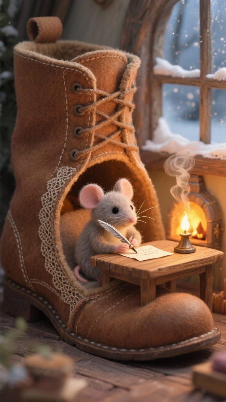 Adorable Felt Mouse Home in Lace-Up Boot
