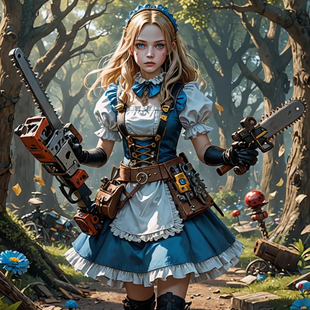 Alice in Wonderland with Chainsaw, Steampunk Anime Art
