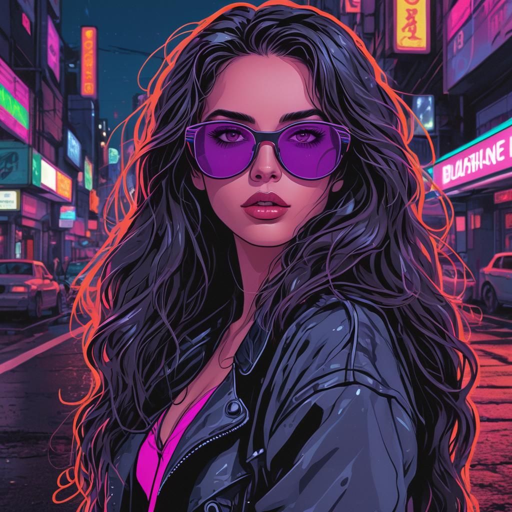 Vaporwave Woman in Neon City: Comic Book Illustration