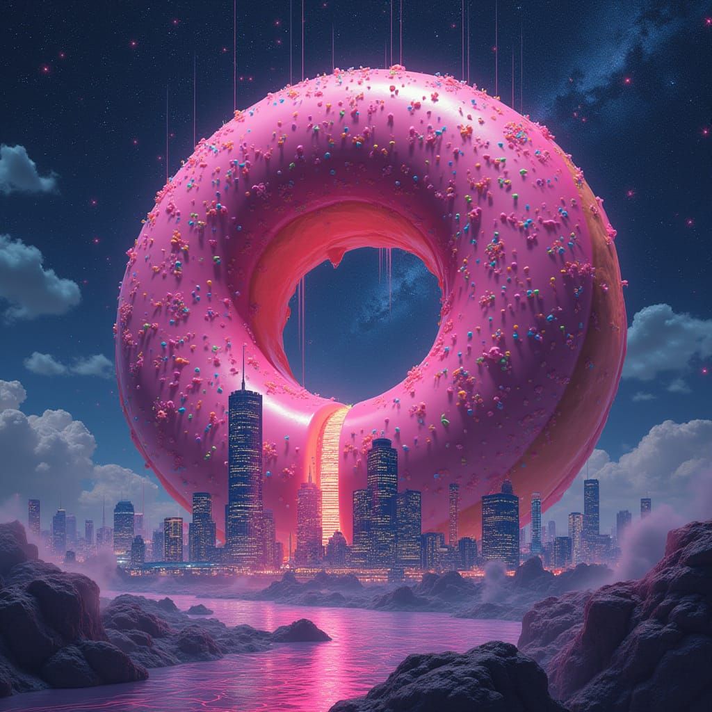 Futuristic Donut Metropolis Glows in Cyberpunk Cosmos