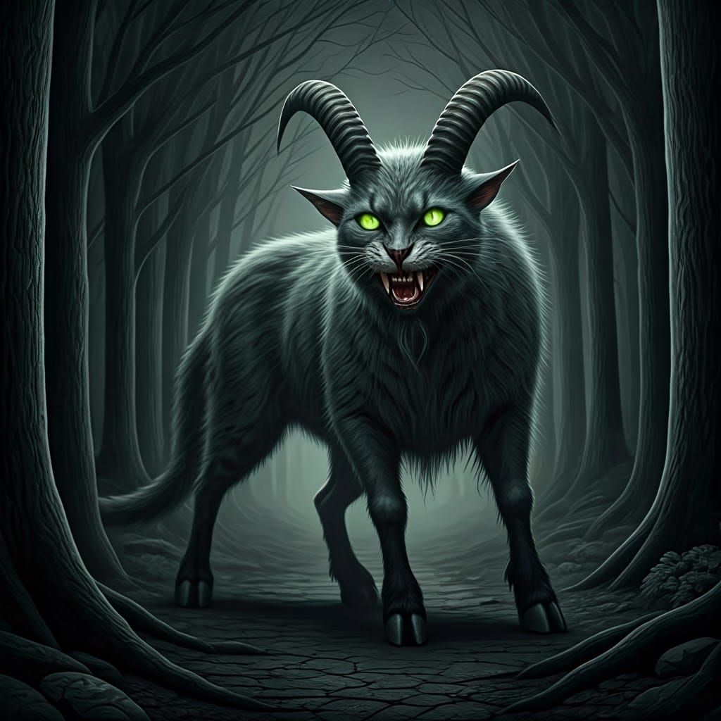 Hyperrealistic Cat-Goat Creature in Dark Forest