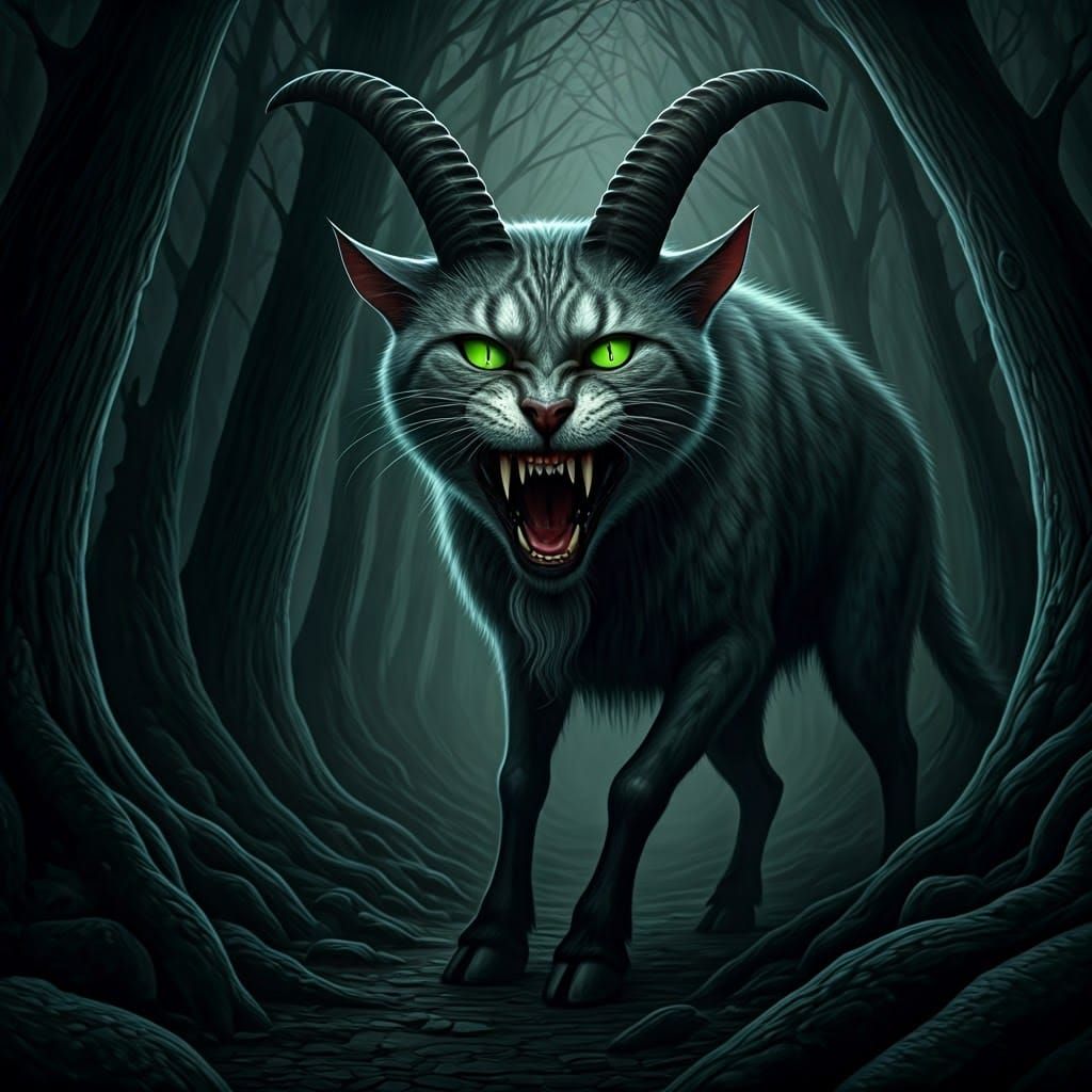 Hyperrealistic Cat-Goat Hybrid in Dark Forest