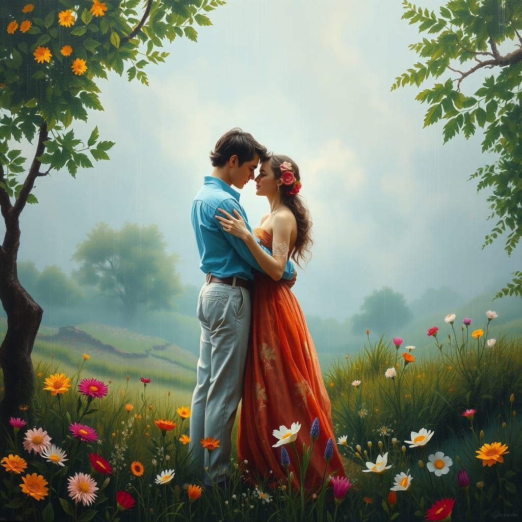 Romantic Embrace in 18th Century Fantasy Landscape Oil on Ca...