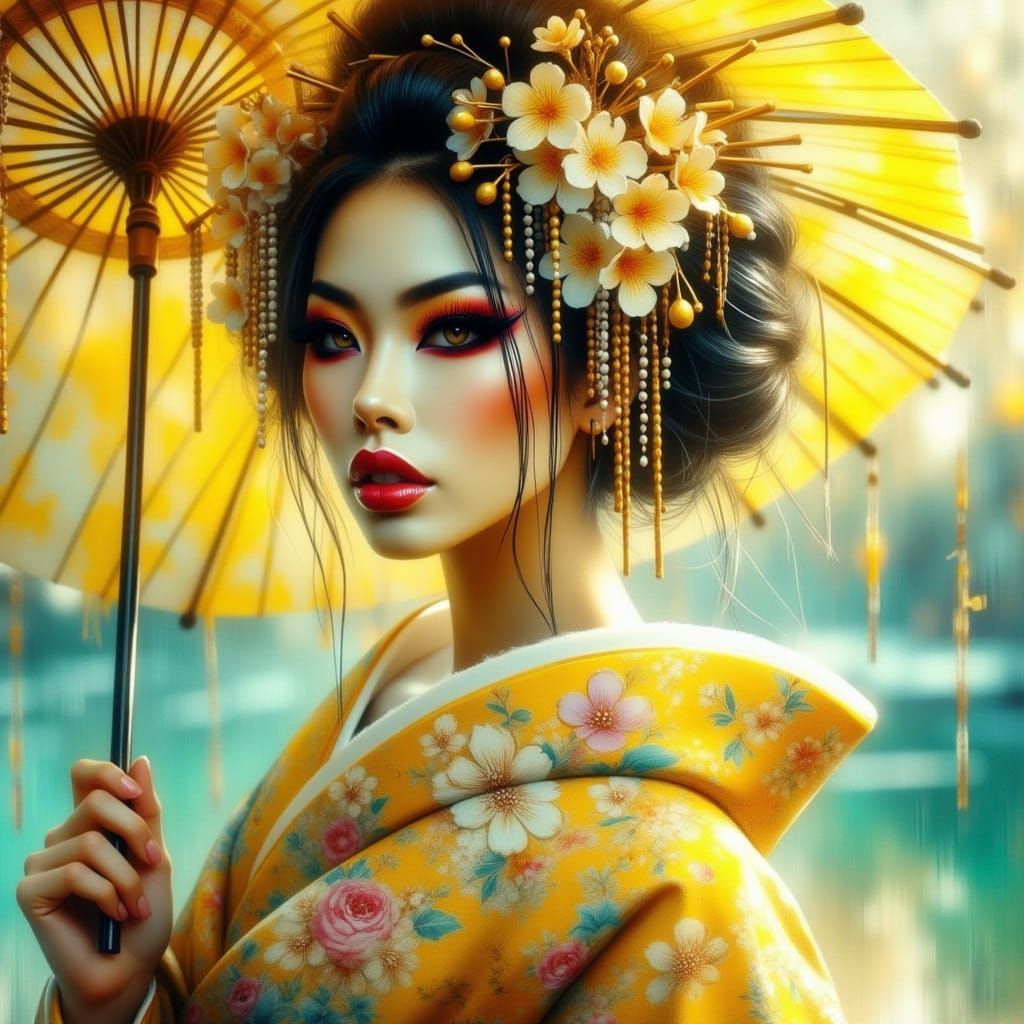 Macro Photograph of a Beautiful Geisha in Lemon Dress