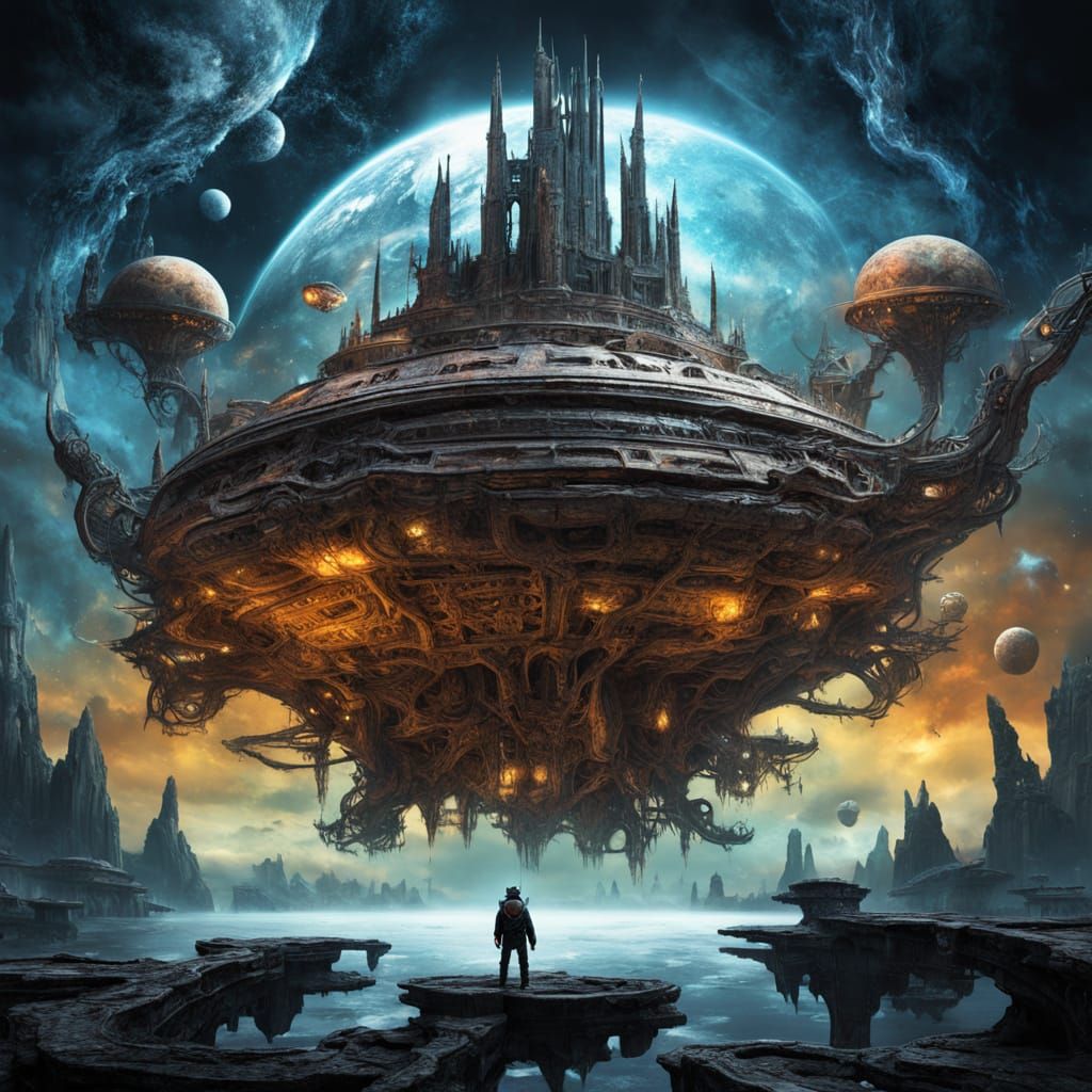 Biomechanical Floating Island with Ancient Spaceship