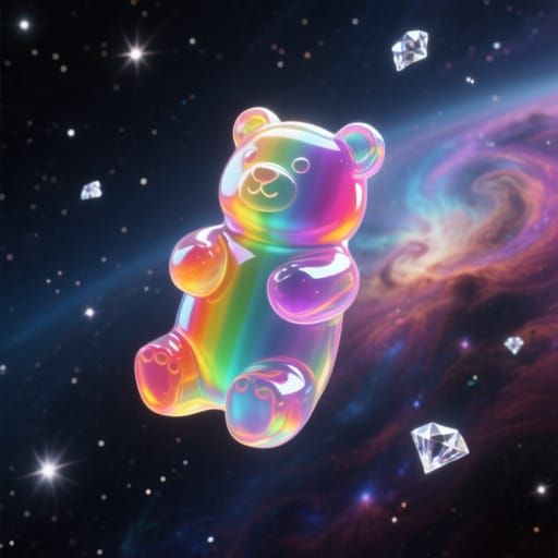 Rainbow Gummy Bear Floating in Cosmic Space