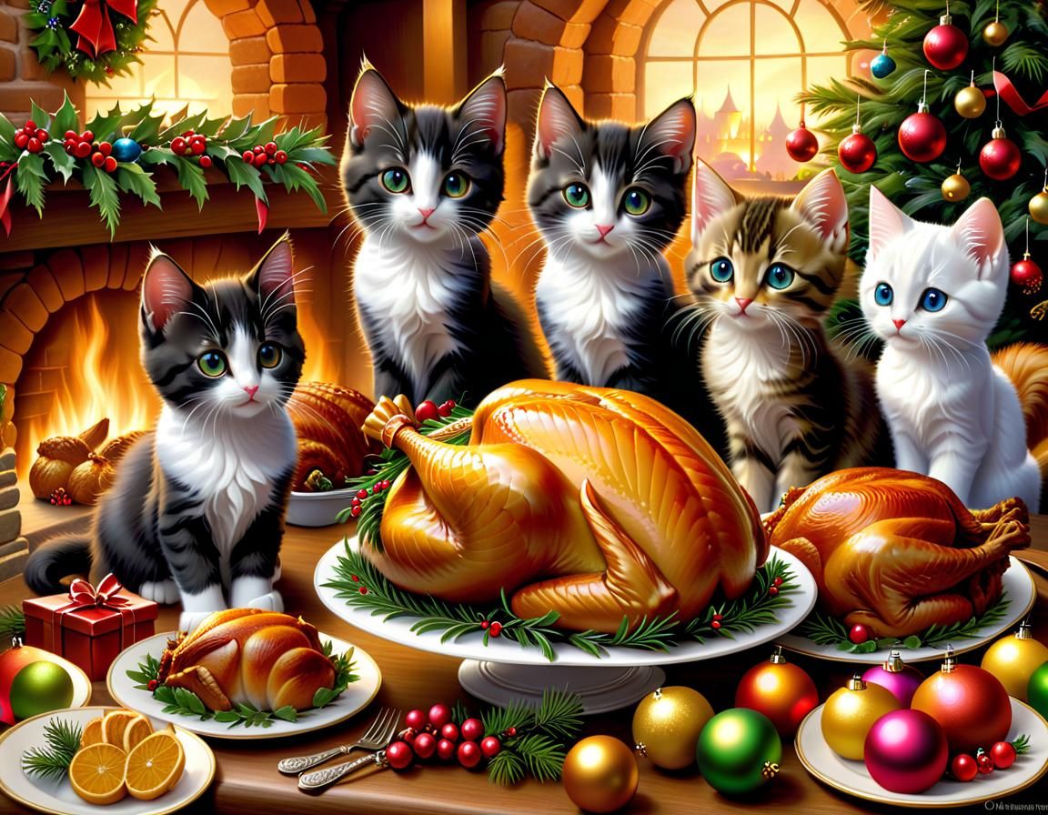 Kitten Family Christmas Celebration in Fantasy Style