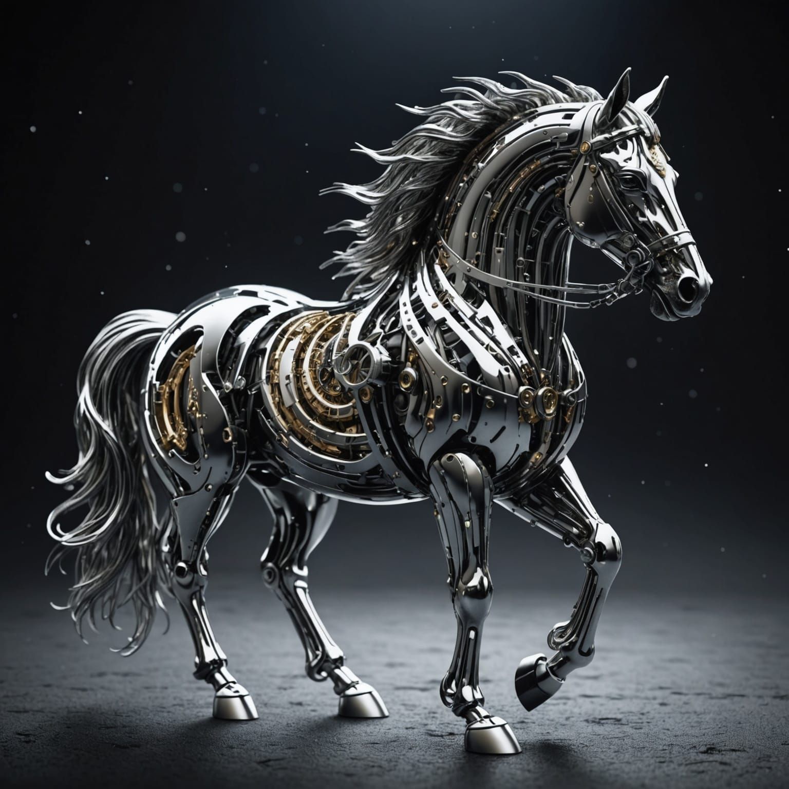 Cybernetic Liquid Metal Horse in Cyberpunk Style