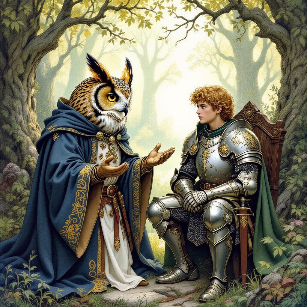 Wise Owl Advises Young King Arthur in Mystical Forest