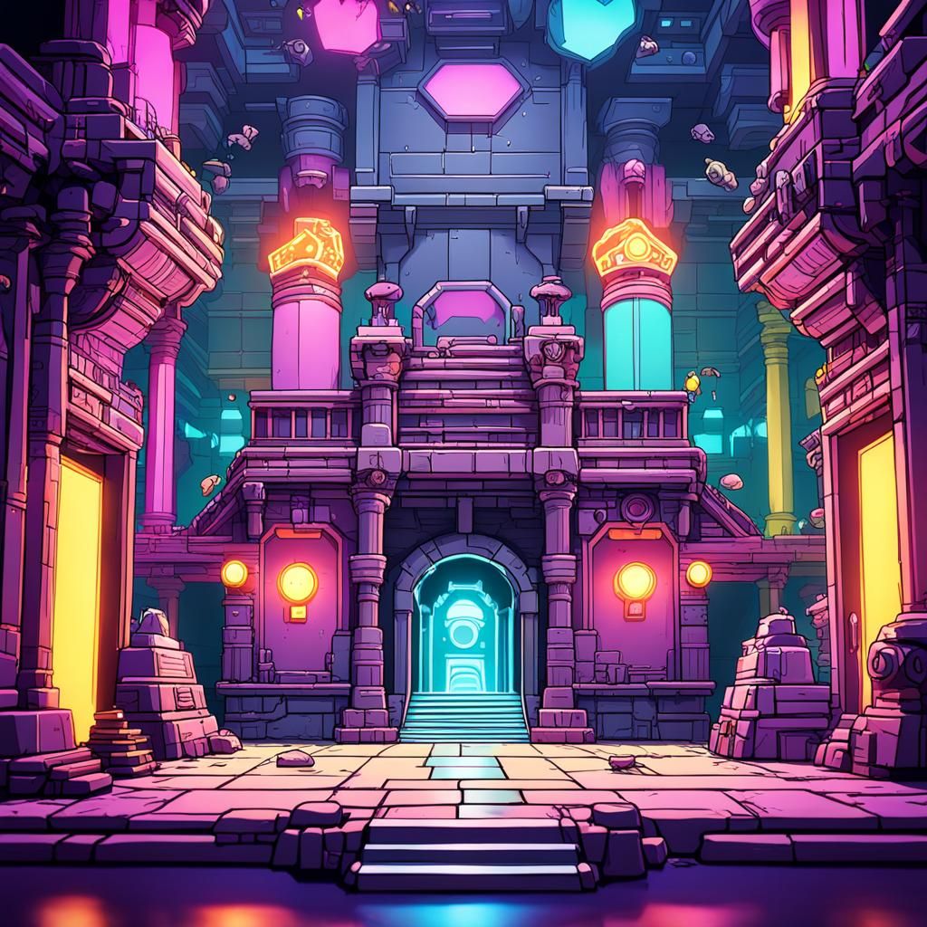 Neo-Babylon Interior with Laser Traps in 3D Cartoon