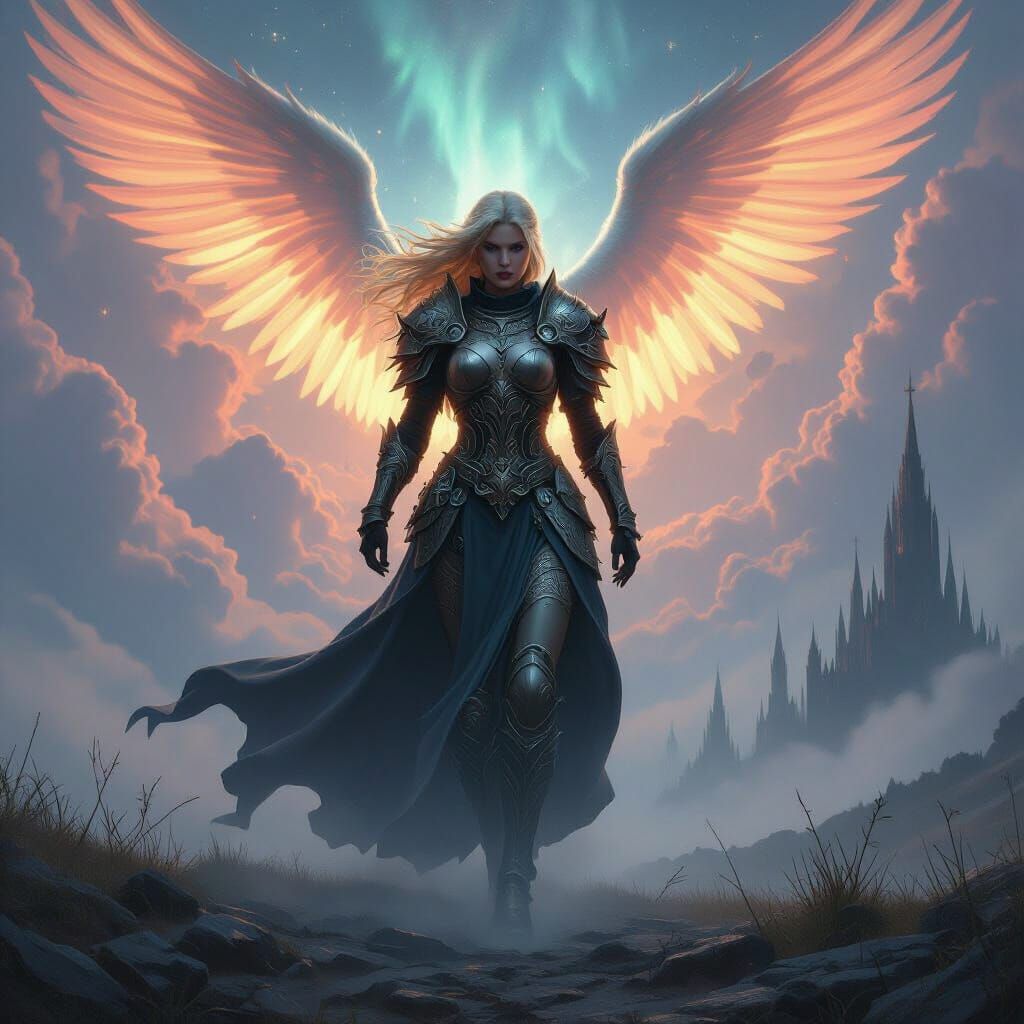 Valkyrie Descends onto Misty Battlefield in Dark Fantasy Sty...