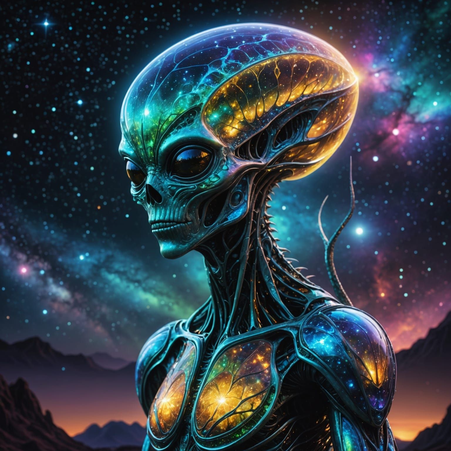Opalescent Alien with Bioluminescent Fractal Details