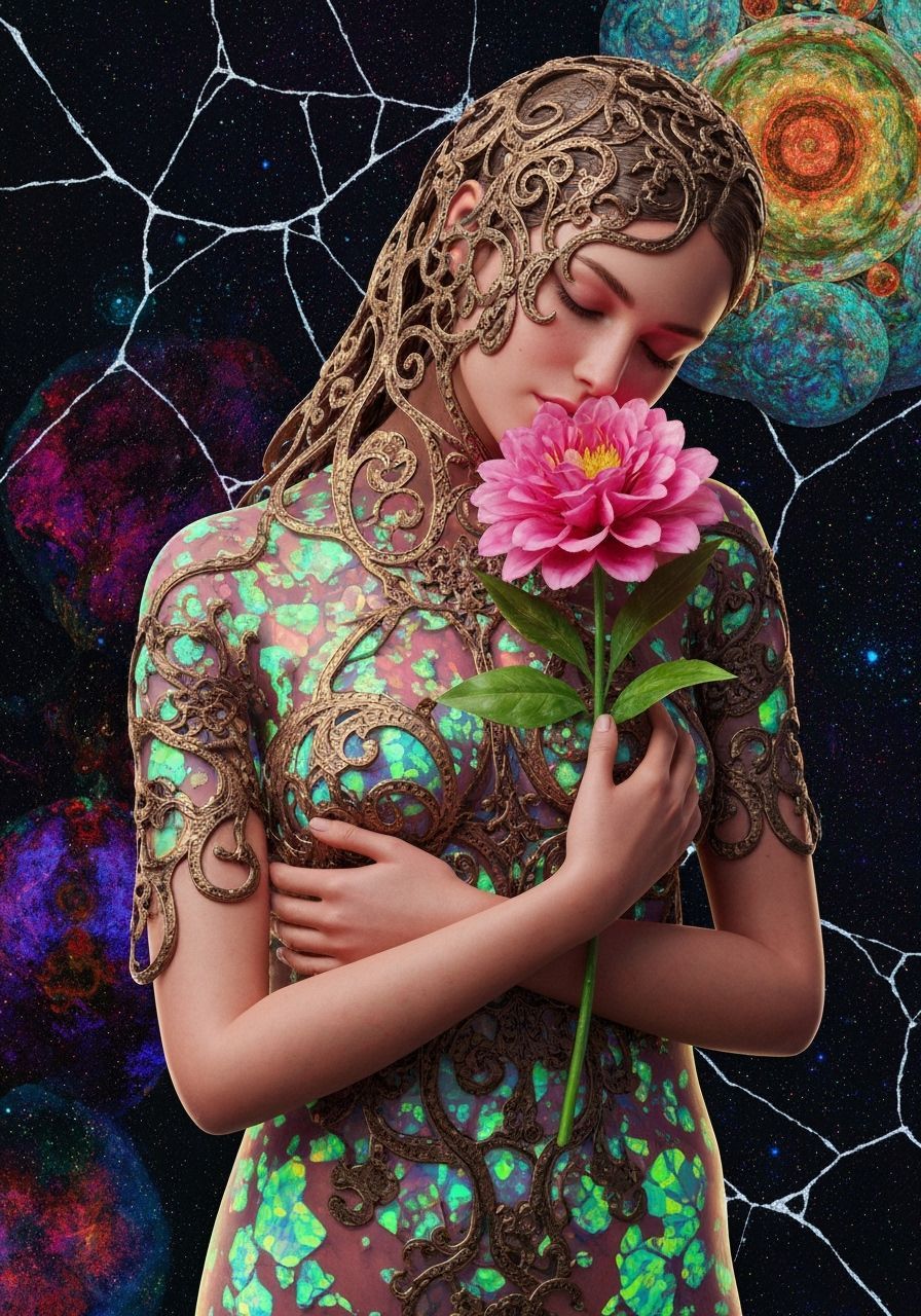 Surreal Bioluminescent Figure with Bronze Opal Filigree