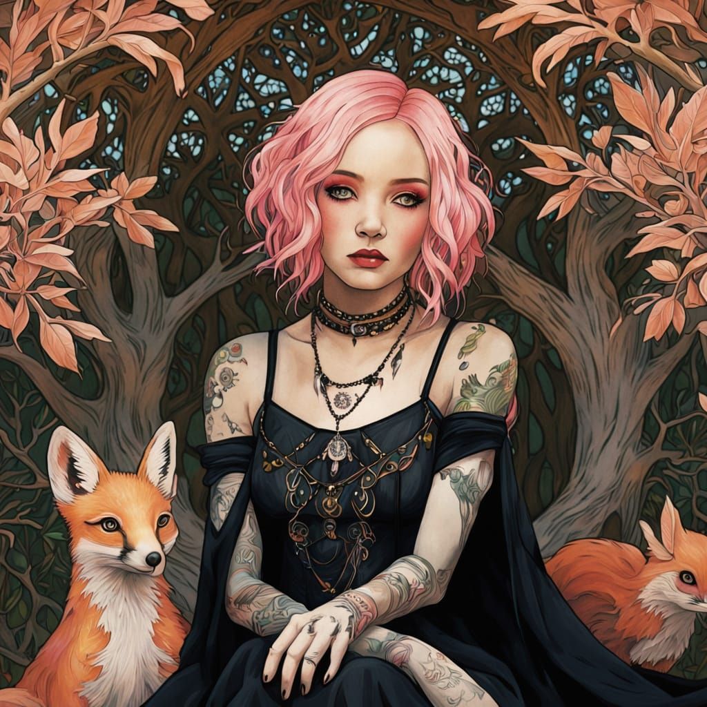 Pastel Goth Lady in Art Nouveau Illustration