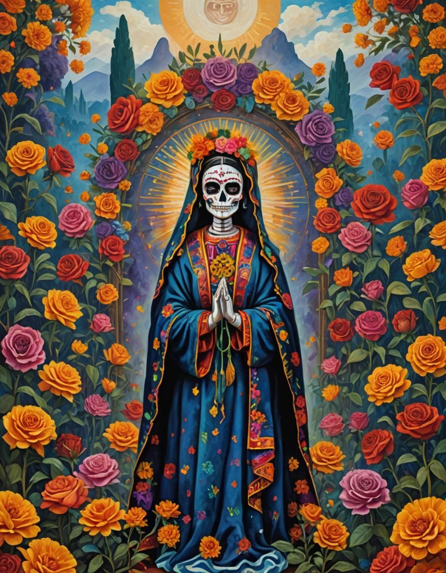 Virgin of Guadalupe Sugar Skull in Frida Kahlo Style