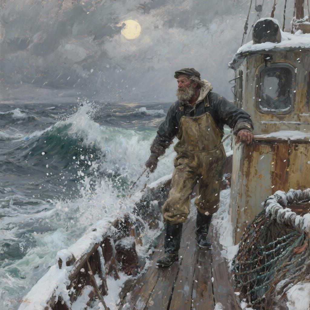 Fisherman Battles Stormy Winter Sea in Gritty Style
