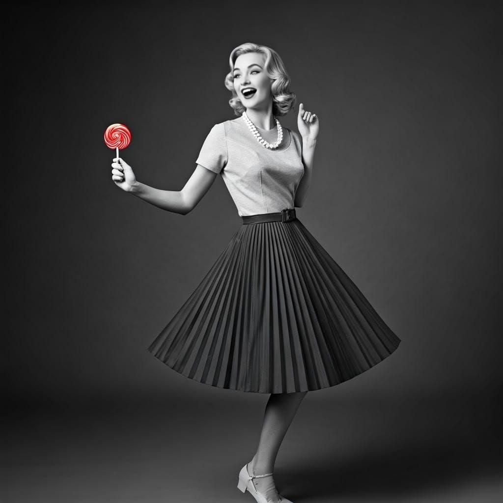 Excited Woman Dancing with Lollipop in Black and White