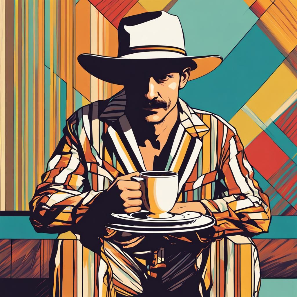 Pop Art Cowboy in Striped Pajamas Drinking Coffee