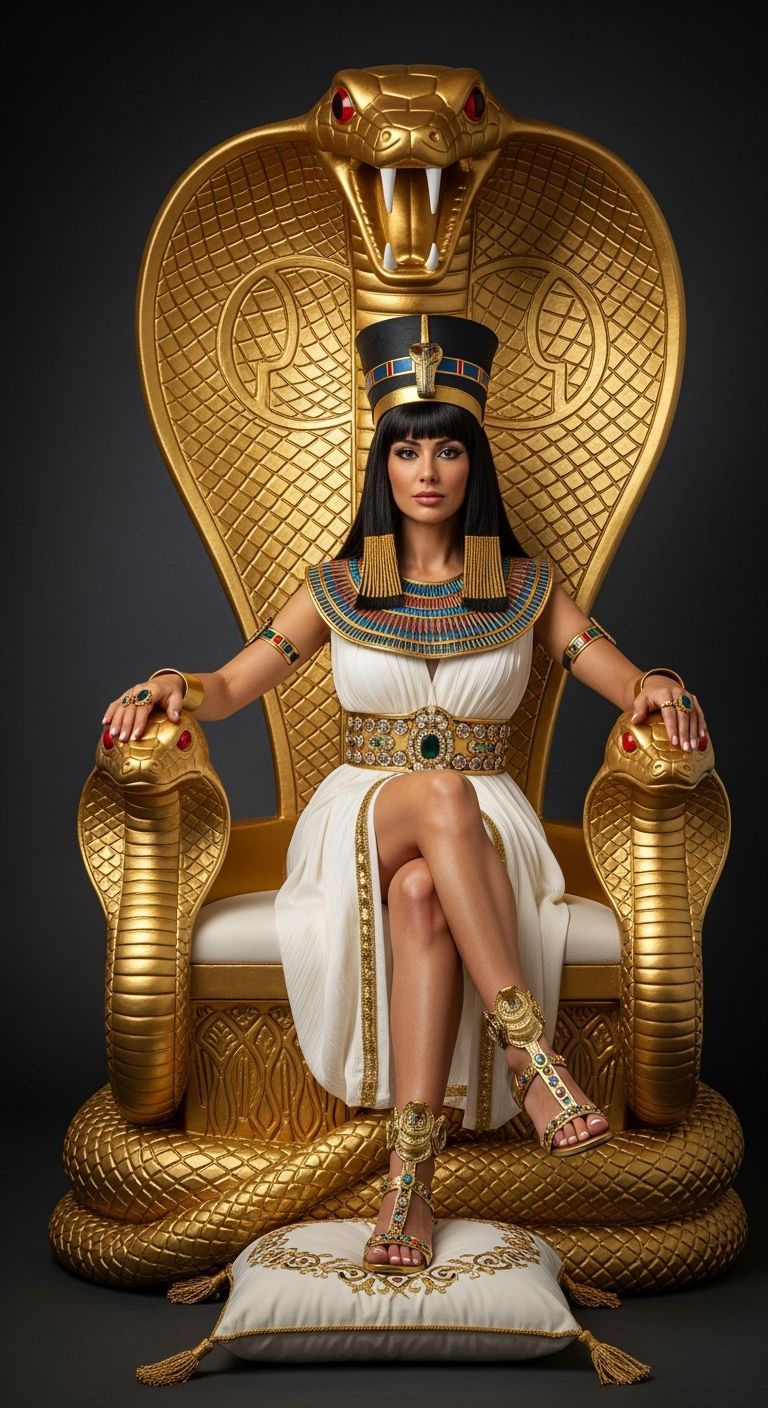 Regal Egyptian Queen on Jeweled Cobra Throne