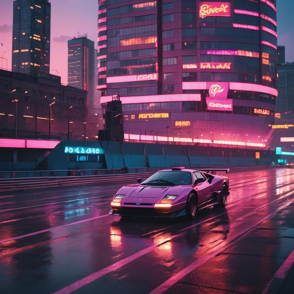 Retro-Futuristic Car Races on Moscow Track in Synthwave Styl...