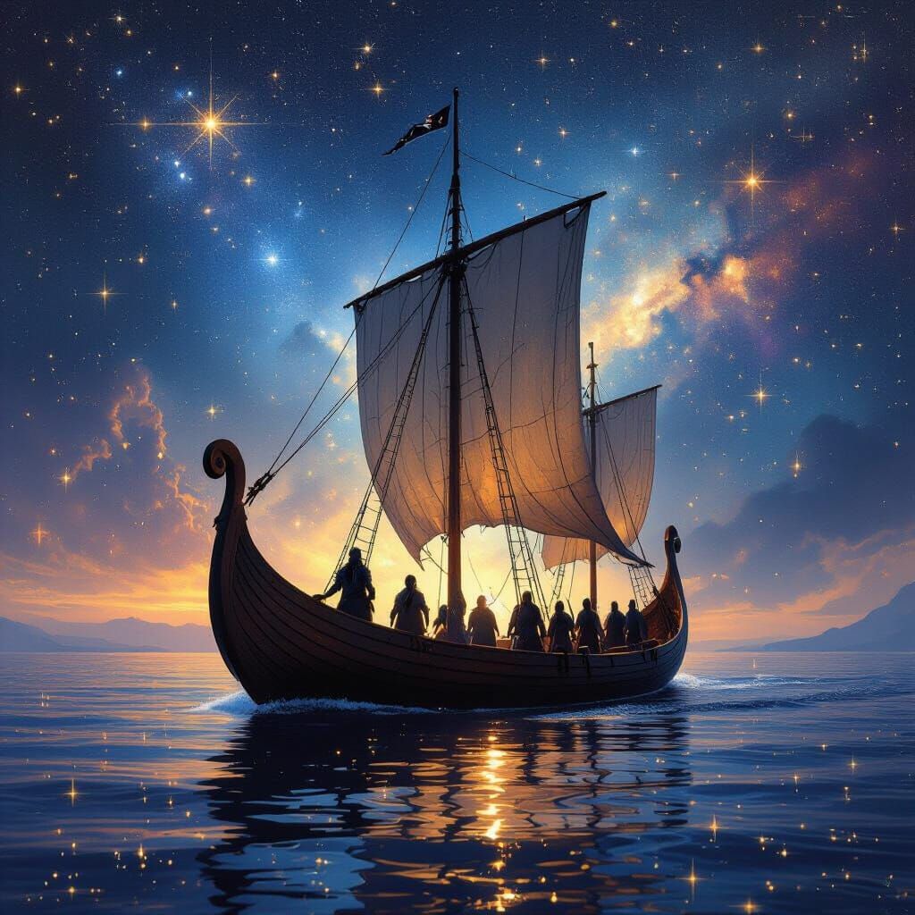 Viking Longship Sails the Starry Cosmos