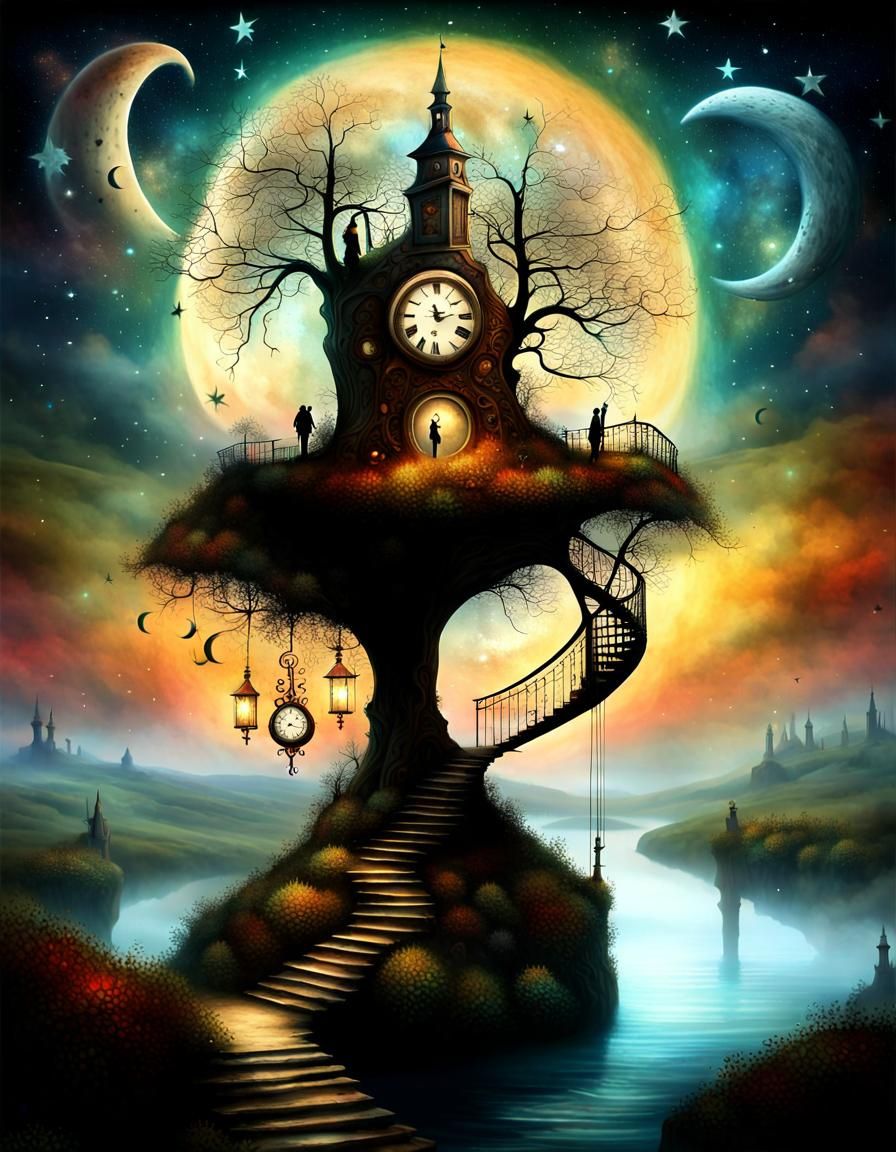 Surreal Clock Tree Island in Cosmic Night Sky