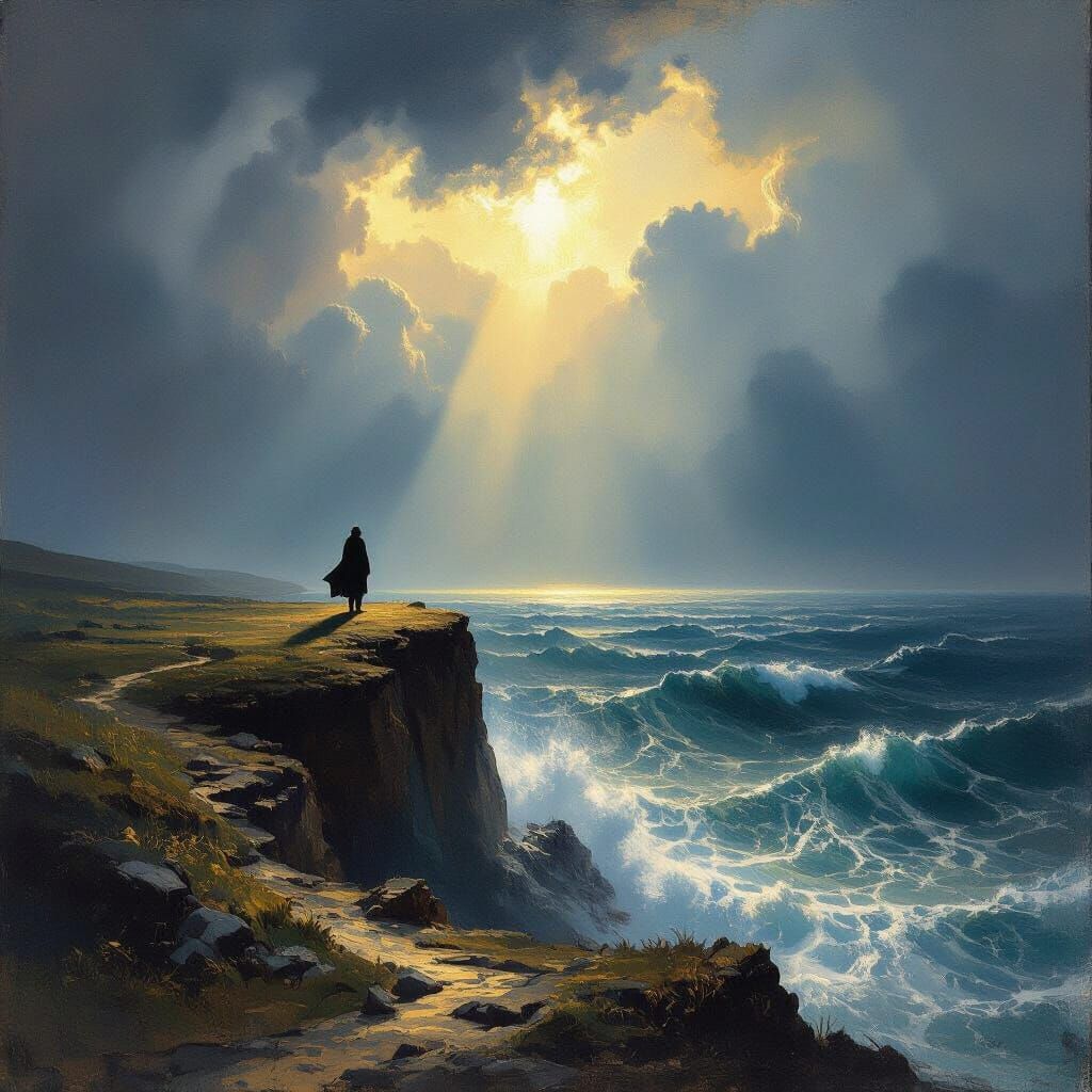 Solitary Figure on Cliff Overlooking Turbulent Sea in Golden...