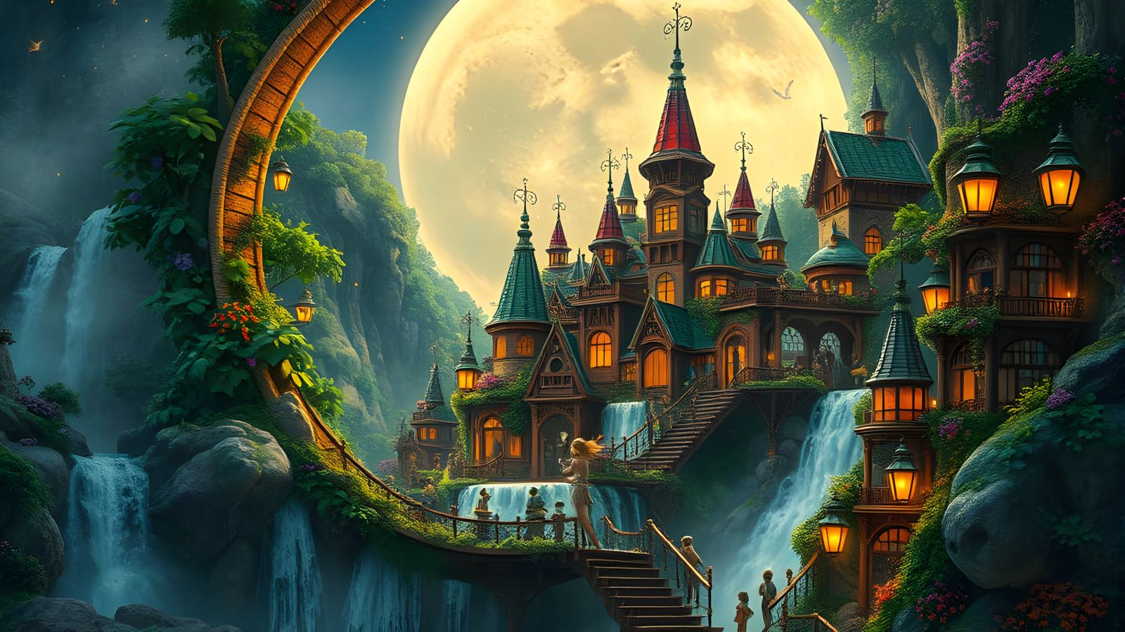 Fantasy Village Inside Ornate Crescent Moon