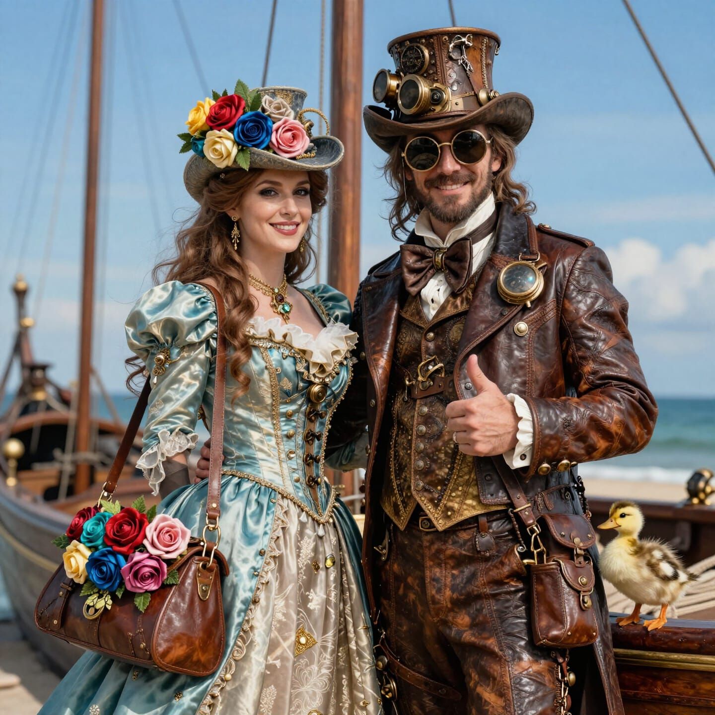 Steampunk Couple Giving Thumbs Up on Beach