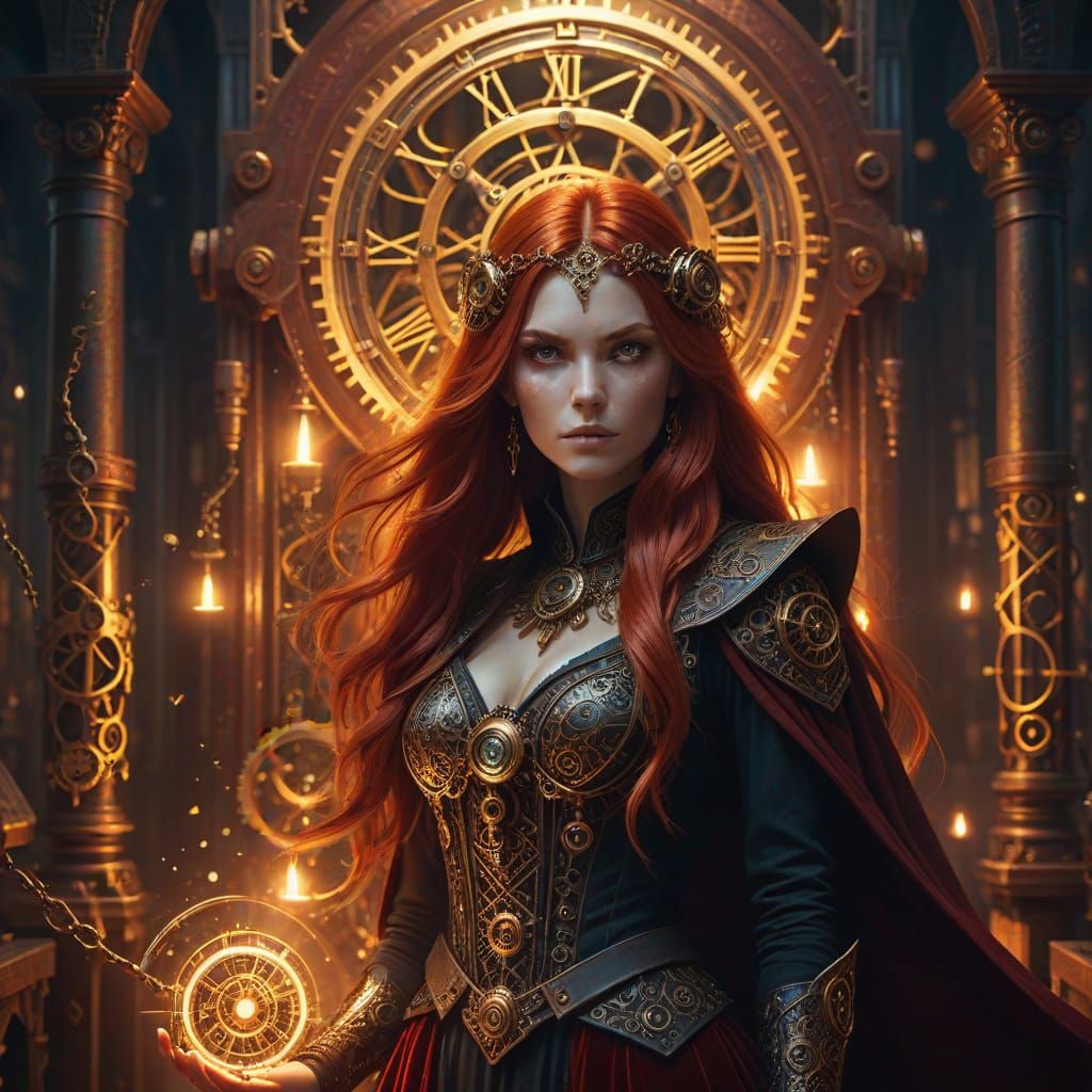 Steampunk Sorceress in Enchanted Spellcasting Room