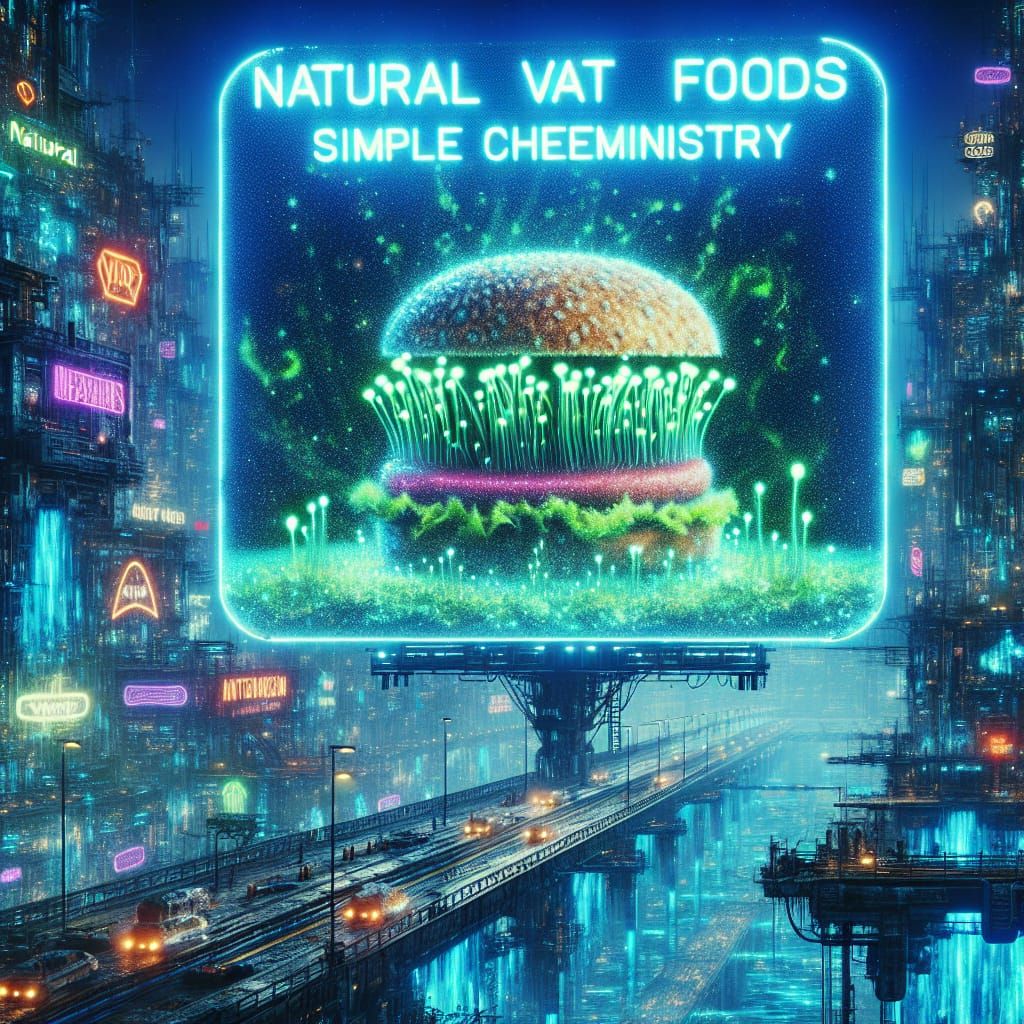Cyberpunk Cityscape Hologram Ad for Algae Burgers