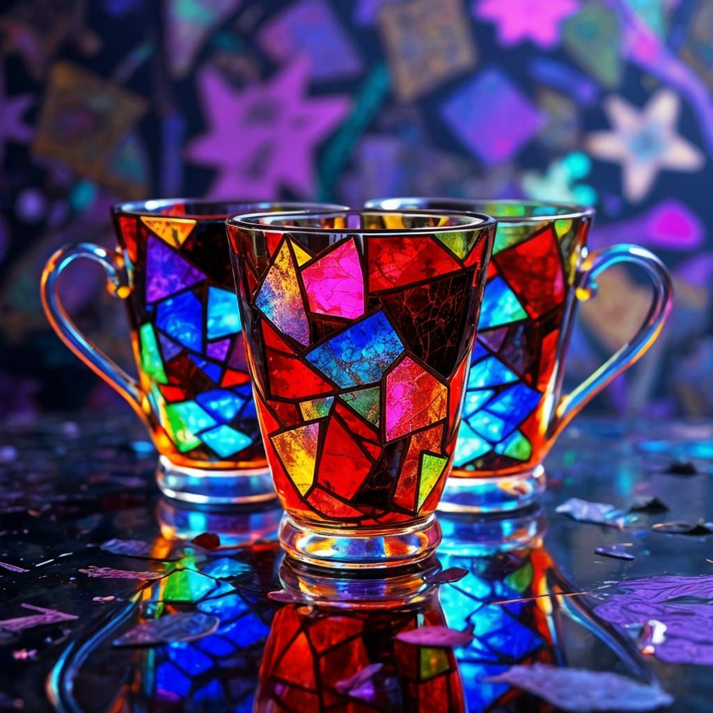 Vibrant Psychedelic Kintsugi Tea Cups Shine in Spooky Aurora...
