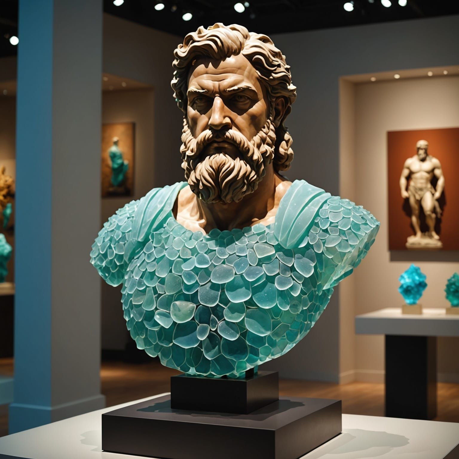 Sea Glass Sculpture of Poseidon in Museum