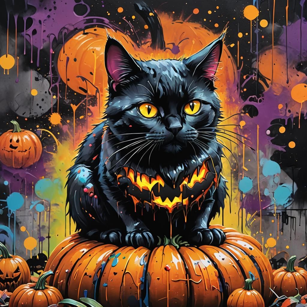 Spooky Halloween Black Cat Graffiti Art