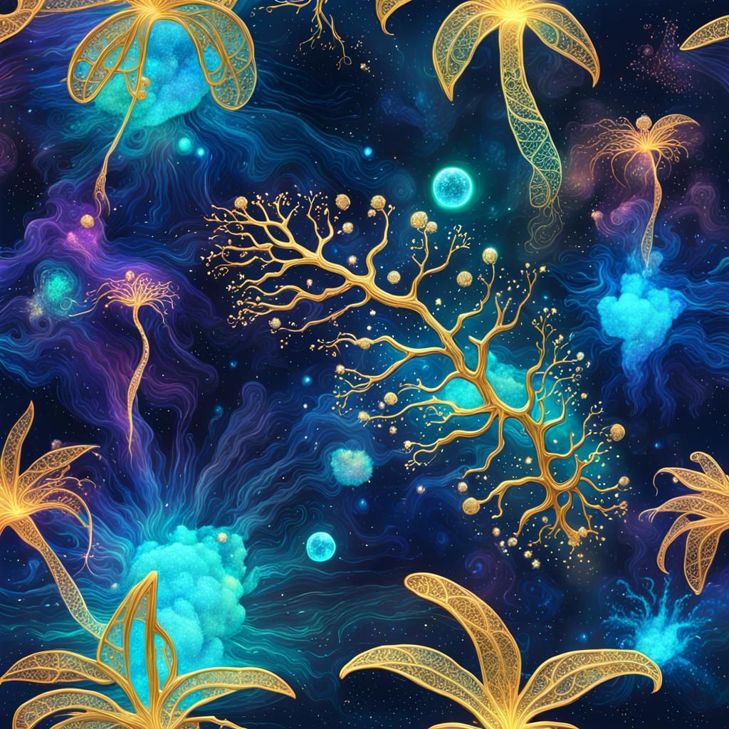 Bioluminescent Amoebae with Nebula in 3D Digital Art