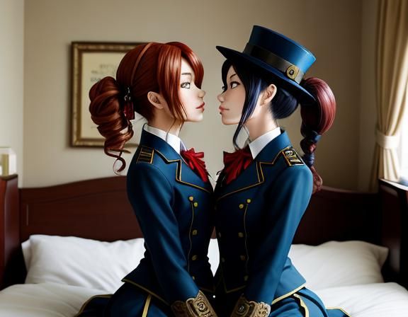 Steampunk Anime Twins Kissing in Bedroom