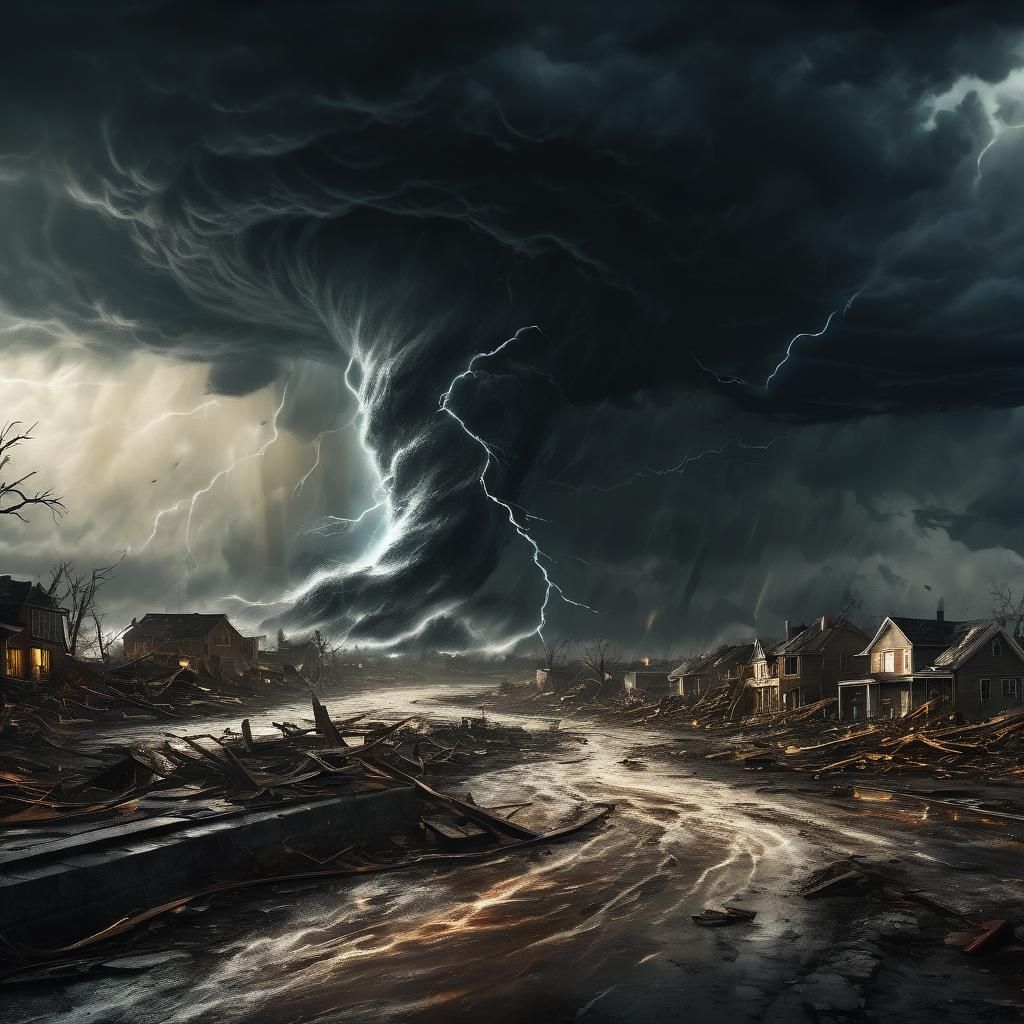 Town Devastated by Tornado in Dramatic Landscape Painting