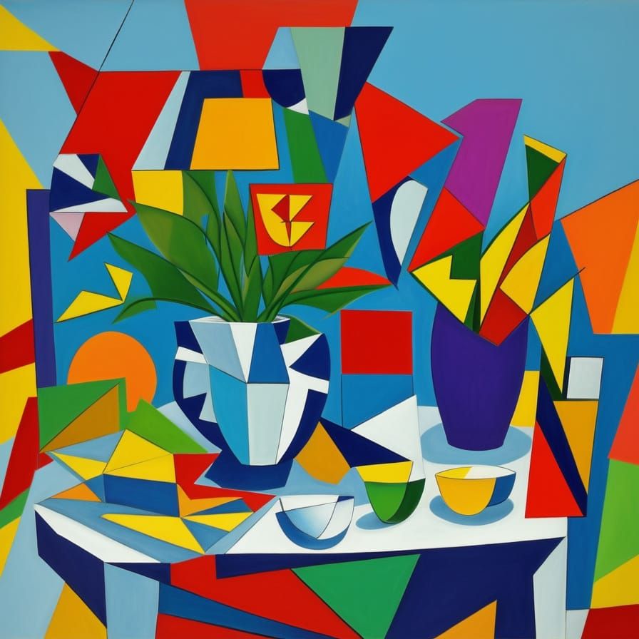 Cubist Still Life: Fragmented Vase with Geometric Shapes