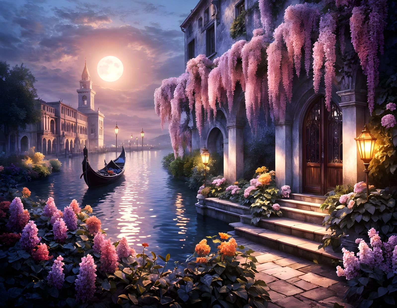 Moonlit Venice Garden with Wisteria Trees