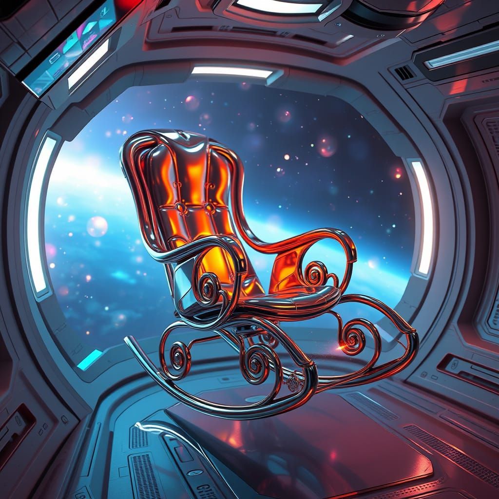 Futuristic Chrome Rocking Chair in Zero Gravity