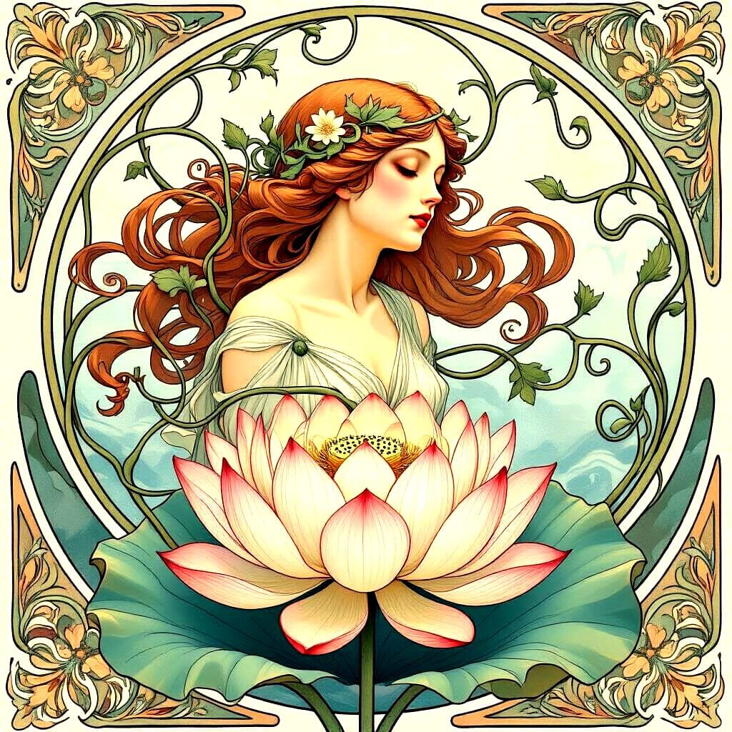 Art Nouveau Woman Emerges From Lotus Flower