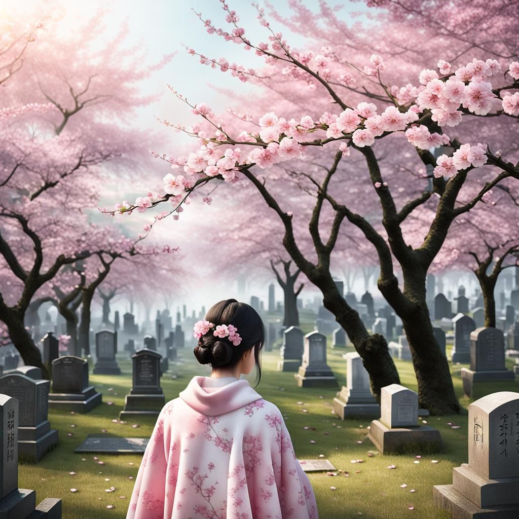 Serene Woman in Cherry Blossom Cemetery: 3D Art