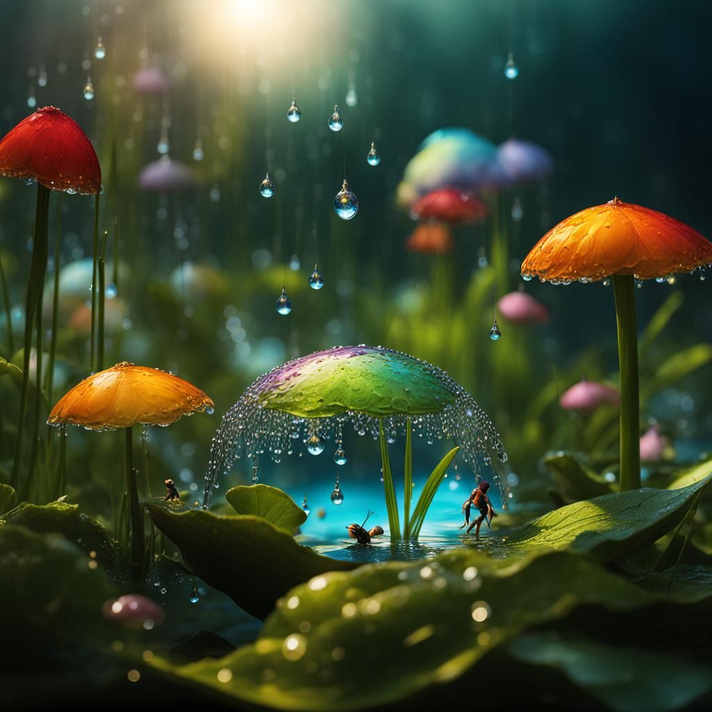 Miniature World in Giant Dewdrops: Hyperrealistic Splash Art